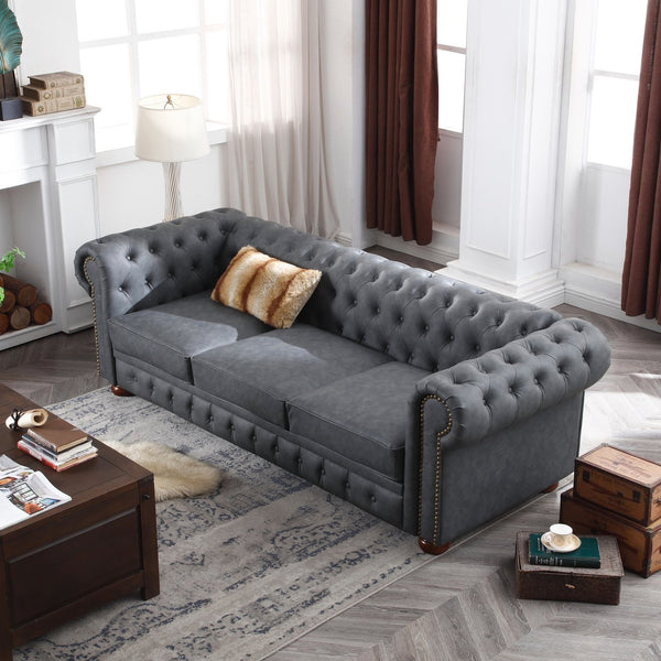 English Elm Classic Chesterfield sofa elegant faux leather 3-seater 88.5"L durable solid wood frame high weight capacity DARK GREY W1097S00063