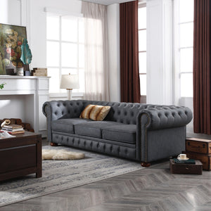 English Elm Classic Chesterfield sofa elegant faux leather 3-seater 88.5"L durable solid wood frame high weight capacity DARK GREY W1097S00063