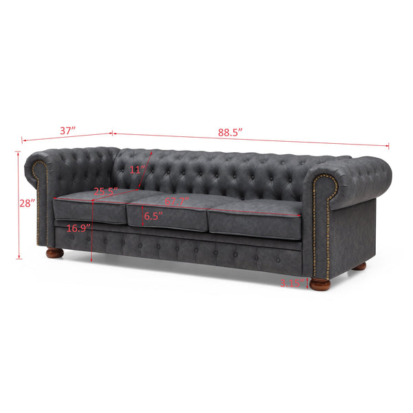 English Elm Classic Chesterfield sofa elegant faux leather 3-seater 88.5"L durable solid wood frame high weight capacity DARK GREY W1097S00063