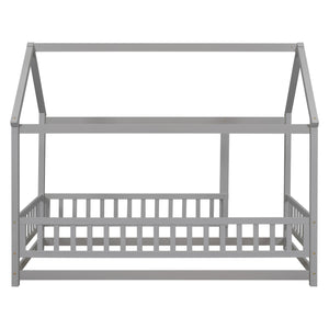 English Elm Twin House Floor Bed with Roof Frame and Fence Guardrails in Grey – Pine Twin Floor Bed, Playful Design W504P174630