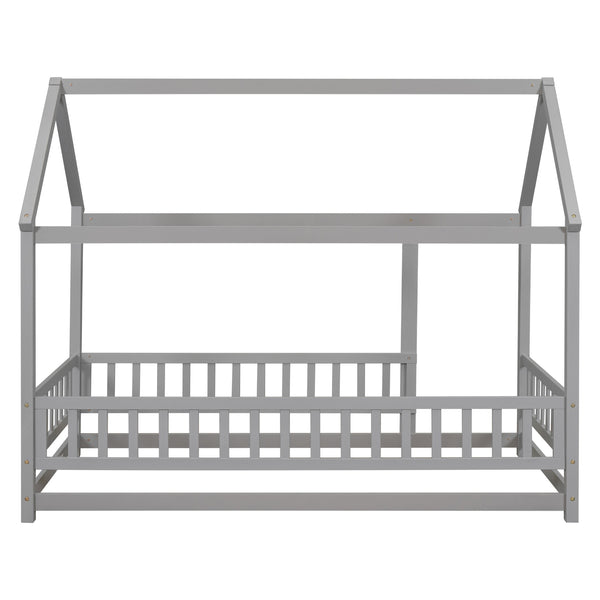 English Elm Twin House Floor Bed with Roof Frame and Fence Guardrails in Grey – Pine Twin Floor Bed, Playful Design W504P174630