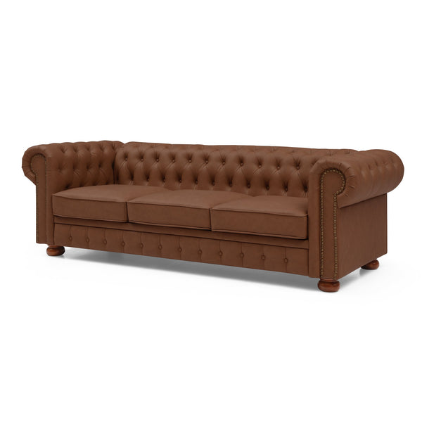 English Elm Classic Chesterfield sofa elegant faux leather 3-seater 88.5"L durable solid wood frame high weight capacity Brown W1097S00062