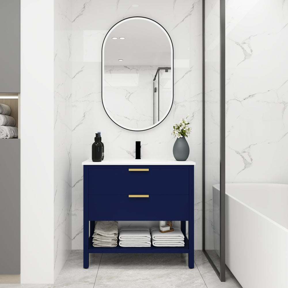 English Elm 36 Inch Freestanding Plywood Bathroom Vanity with Resin Sink, Soft-Close Drawers & Metal Handle Durable Support Navy Blue W99951420