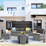 Hearth and Haven 5 Piece Outdoor PE Wicker Sectional Sofa Set with Canopy and Tempered Glass Side Table, Grey