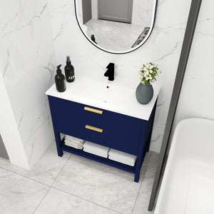 English Elm 36 Inch Freestanding Plywood Bathroom Vanity with Resin Sink, Soft-Close Drawers & Metal Handle Durable Support Navy Blue W99951420