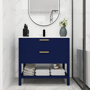 English Elm 36 Inch Freestanding Plywood Bathroom Vanity with Resin Sink, Soft-Close Drawers & Metal Handle Durable Support Navy Blue W99951420
