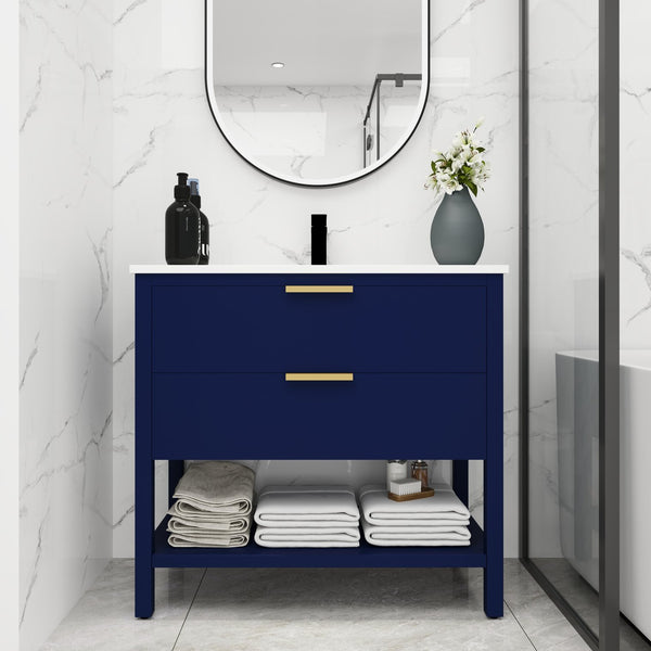 English Elm 36 Inch Freestanding Plywood Bathroom Vanity with Resin Sink, Soft-Close Drawers & Metal Handle Durable Support Navy Blue W99951420