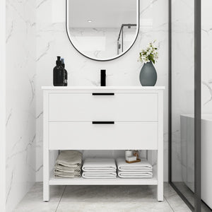 English Elm 36 Inch Freestanding Plywood Bathroom Vanity with Resin Sink, Soft-Close Drawers & Metal Handle Durable Support White W99951421