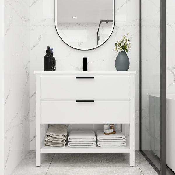 English Elm 36 Inch Freestanding Plywood Bathroom Vanity with Resin Sink, Soft-Close Drawers & Metal Handle Durable Support White W99951421