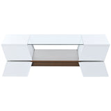 English Elm 6Mm Glass-Top Coffee Table With Open Shelves and Cabinets, Geometric Style Cocktail Table With Great Storage Capacity, Modernist 2-Tier Center Table For Living Room, White