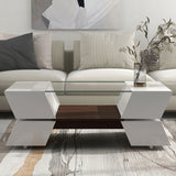 English Elm 6Mm Glass-Top Coffee Table With Open Shelves and Cabinets, Geometric Style Cocktail Table With Great Storage Capacity, Modernist 2-Tier Center Table For Living Room, White