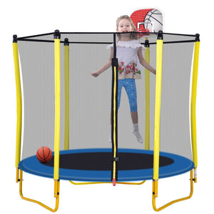 English Elm 5.5ft Kids Trampoline Steel Frame Enclosure Net Basketball Hoop Safe Bouncer Yellow MS309258AAL