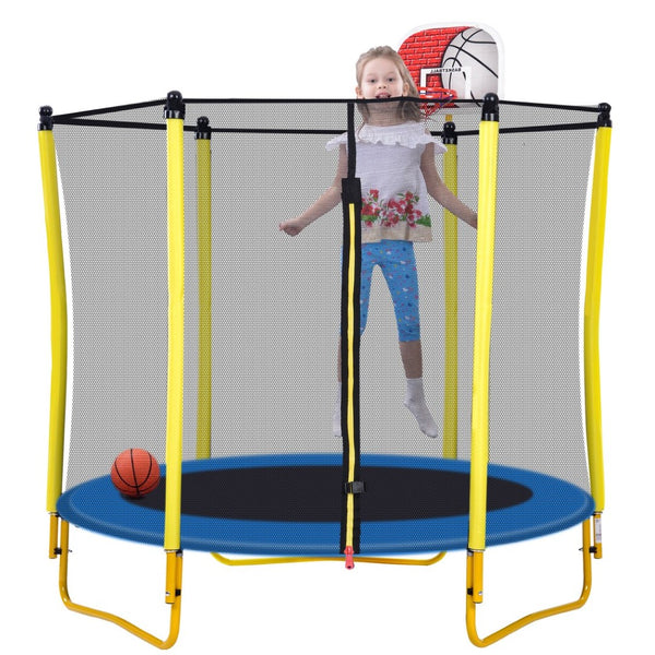 English Elm 5.5ft Kids Trampoline Steel Frame Enclosure Net Basketball Hoop Safe Bouncer Yellow MS309258AAL