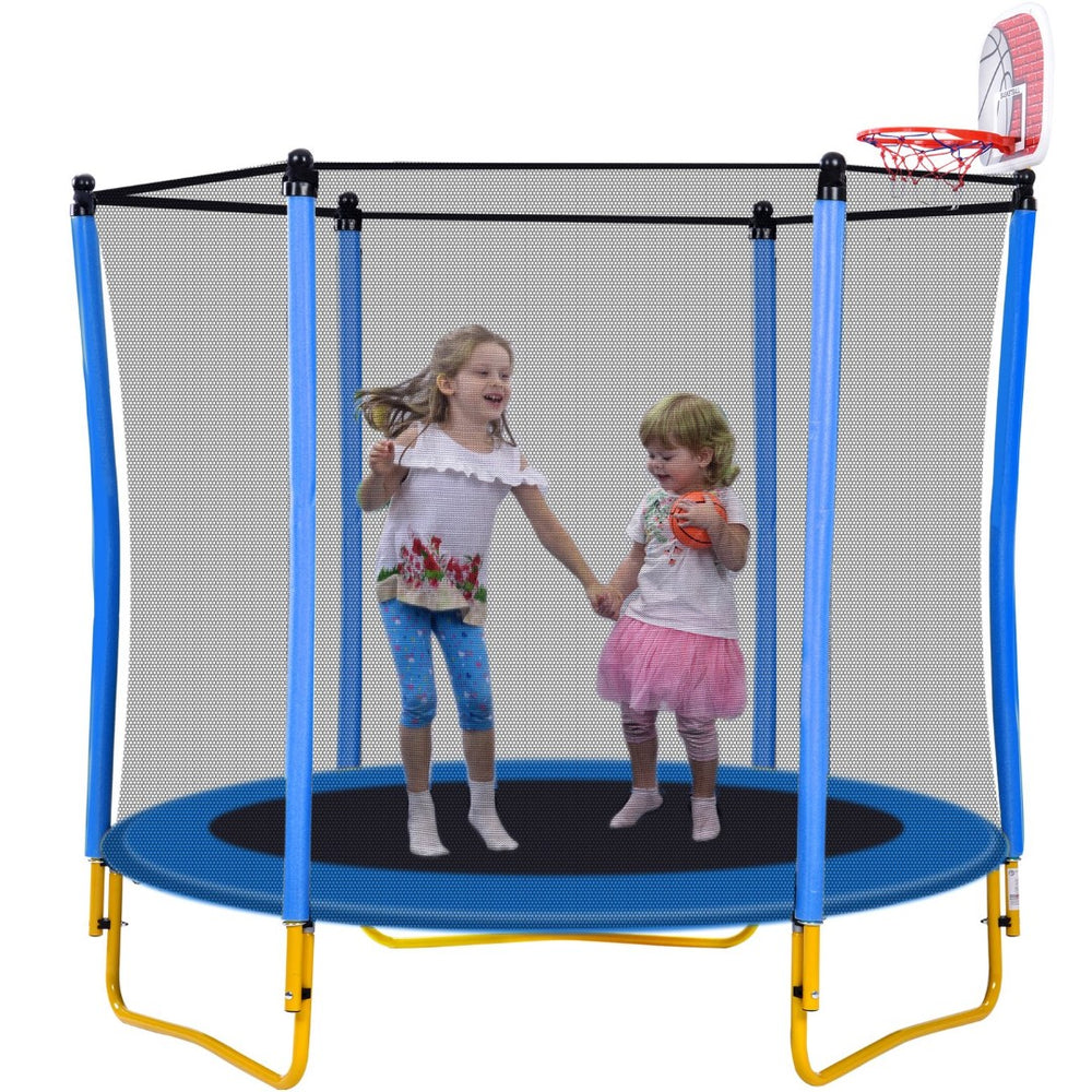 English Elm 5.5ft Kids Trampoline Steel Frame Enclosure Net Basketball Hoop Safe Bouncer Blue MS309258AAC