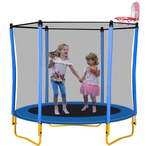 English Elm 5.5ft Kids Trampoline Steel Frame Enclosure Net Basketball Hoop Safe Bouncer Blue MS309258AAC