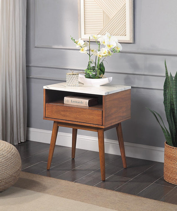 English Elm Walnut End Table with Faux Marble Top and Drawer Shelf, 20"x16"x25" Compact Living Room Accent B01183256