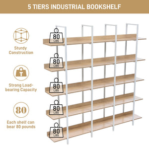 English Elm 5 Tier Bookcase Industrial Open Bookshelf with MDF Boards & Steel Frame, 5 Shelves, 80lb Capacity Each White+Oak N725P247766C
