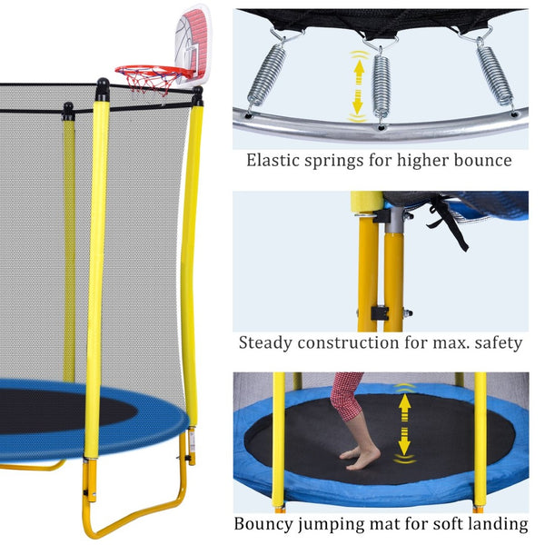 English Elm 5.5ft Kids Trampoline Steel Frame Enclosure Net Basketball Hoop Safe Bouncer Yellow MS309258AAL