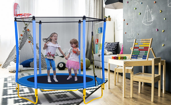 English Elm 5.5ft Kids Trampoline Steel Frame Enclosure Net Basketball Hoop Safe Bouncer Blue MS309258AAC