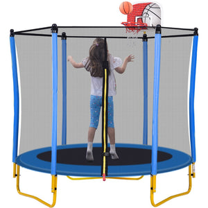 English Elm 5.5ft Kids Trampoline Steel Frame Enclosure Net Basketball Hoop Safe Bouncer Blue MS309258AAC