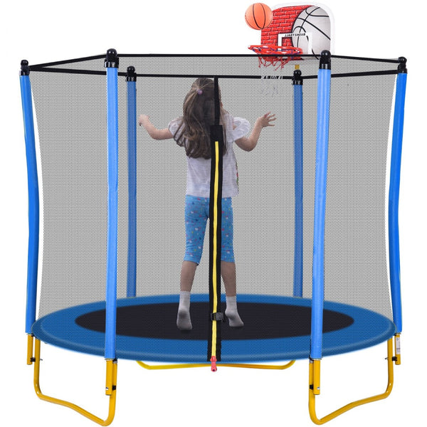 English Elm 5.5ft Kids Trampoline Steel Frame Enclosure Net Basketball Hoop Safe Bouncer Blue MS309258AAC