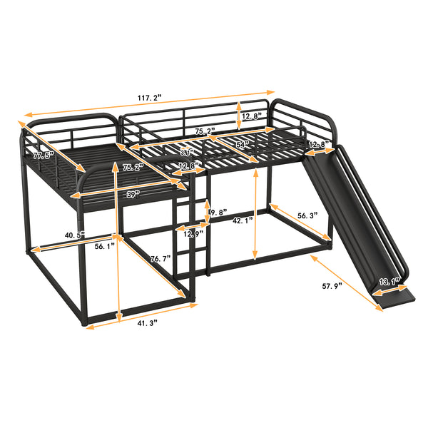 English Elm Full L-Shaped Bunk Bed with Slide and Short Ladder, Metal Frame Durability, Slat Kit Included Black GX000621AAB