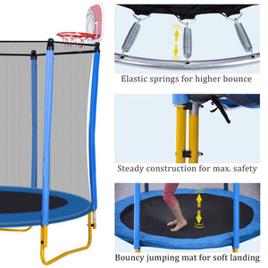 English Elm 5.5ft Kids Trampoline Steel Frame Enclosure Net Basketball Hoop Safe Bouncer Blue MS309258AAC
