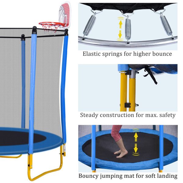 English Elm 5.5ft Kids Trampoline Steel Frame Enclosure Net Basketball Hoop Safe Bouncer Blue MS309258AAC