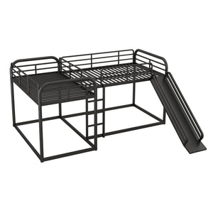 English Elm Full L-Shaped Bunk Bed with Slide and Short Ladder, Metal Frame Durability, Slat Kit Included Black GX000621AAB