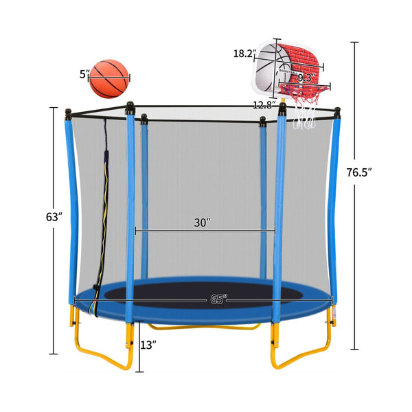 English Elm 5.5ft Kids Trampoline Steel Frame Enclosure Net Basketball Hoop Safe Bouncer Blue MS309258AAC