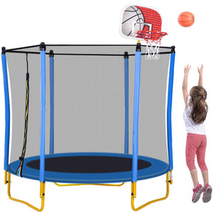 English Elm 5.5ft Kids Trampoline Steel Frame Enclosure Net Basketball Hoop Safe Bouncer Blue MS309258AAC