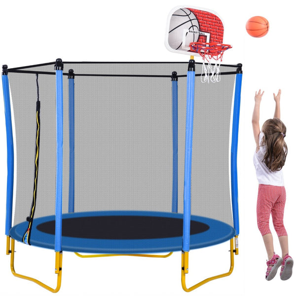 English Elm 5.5ft Kids Trampoline Steel Frame Enclosure Net Basketball Hoop Safe Bouncer Blue MS309258AAC