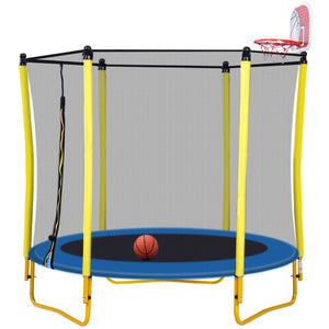 English Elm 5.5ft Kids Trampoline Steel Frame Enclosure Net Basketball Hoop Safe Bouncer Yellow MS309258AAL