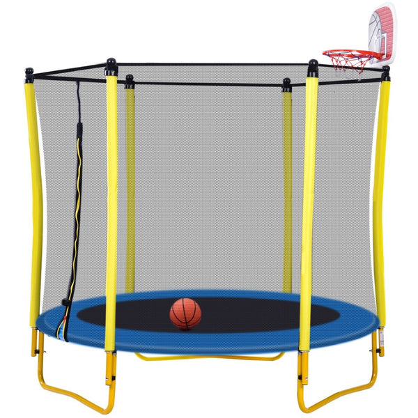 English Elm 5.5ft Kids Trampoline Steel Frame Enclosure Net Basketball Hoop Safe Bouncer Yellow MS309258AAL