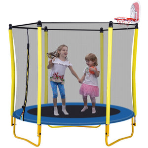 English Elm 5.5ft Kids Trampoline Steel Frame Enclosure Net Basketball Hoop Safe Bouncer Yellow MS309258AAL