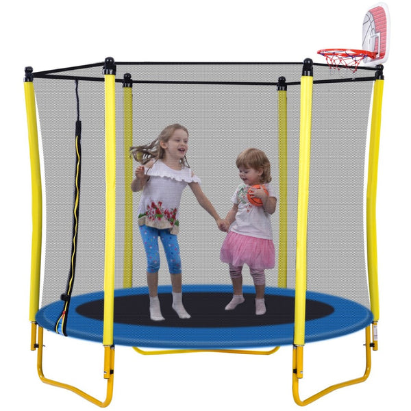 English Elm 5.5ft Kids Trampoline Steel Frame Enclosure Net Basketball Hoop Safe Bouncer Yellow MS309258AAL
