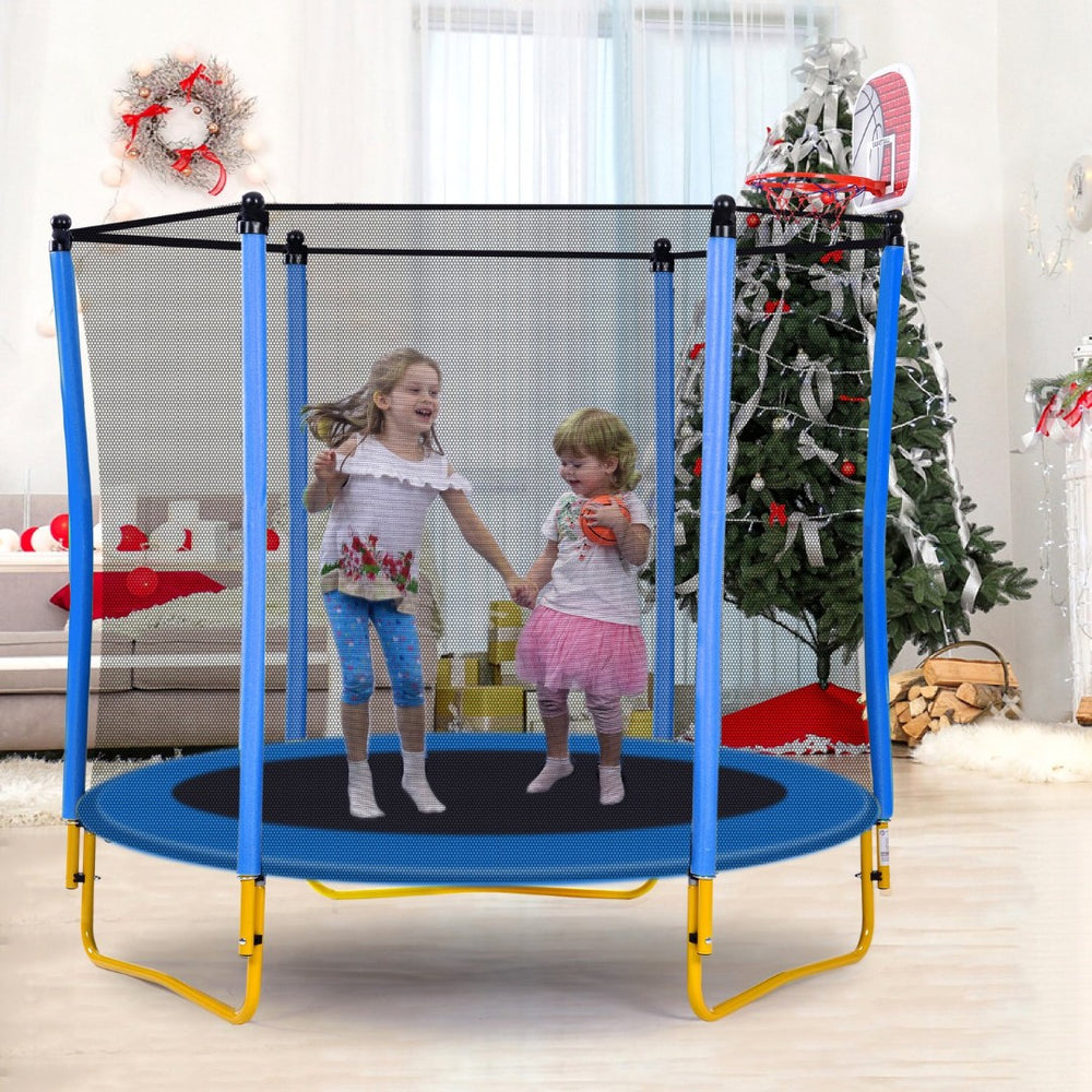 English Elm 5.5ft Kids Trampoline Steel Frame Enclosure Net Basketball Hoop Safe Bouncer Blue MS309258AAC