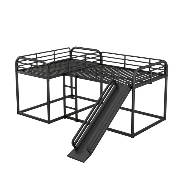 English Elm Full L-Shaped Bunk Bed with Slide and Short Ladder, Metal Frame Durability, Slat Kit Included Black GX000621AAB