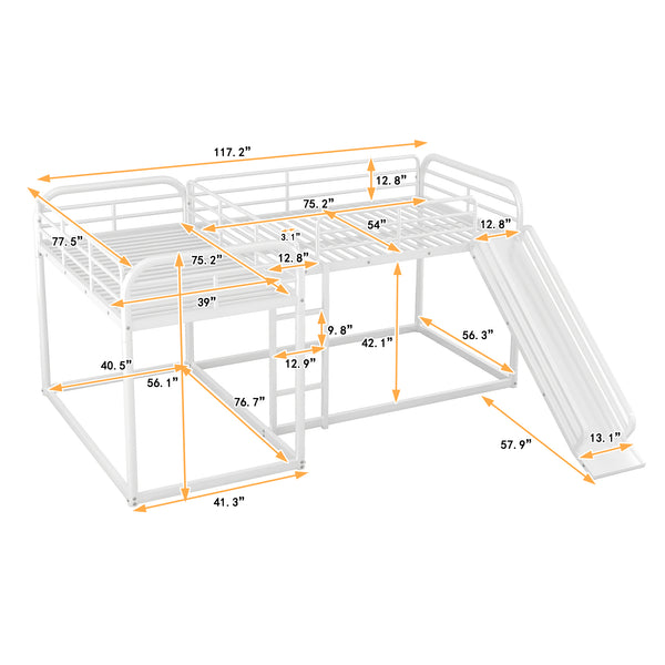 English Elm Full L-Shaped Bunk Bed with Slide and Short Ladder, Metal Frame Durability, Slat Kit Included White GX000621AAK