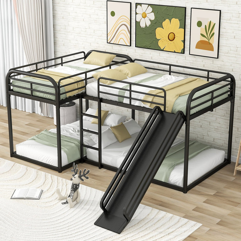 English Elm Full L-Shaped Bunk Bed with Slide and Short Ladder, Metal Frame Durability, Slat Kit Included Black GX000621AAB