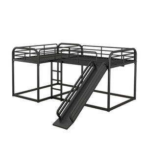 English Elm Full L-Shaped Bunk Bed with Slide and Short Ladder, Metal Frame Durability, Slat Kit Included Black GX000621AAB