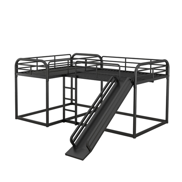 English Elm Full L-Shaped Bunk Bed with Slide and Short Ladder, Metal Frame Durability, Slat Kit Included Black GX000621AAB