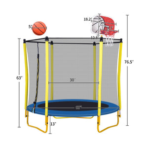 English Elm 5.5ft Kids Trampoline Steel Frame Enclosure Net Basketball Hoop Safe Bouncer Yellow MS309258AAL