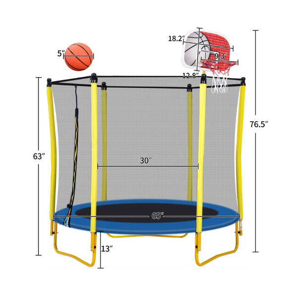 English Elm 5.5ft Kids Trampoline Steel Frame Enclosure Net Basketball Hoop Safe Bouncer Yellow MS309258AAL