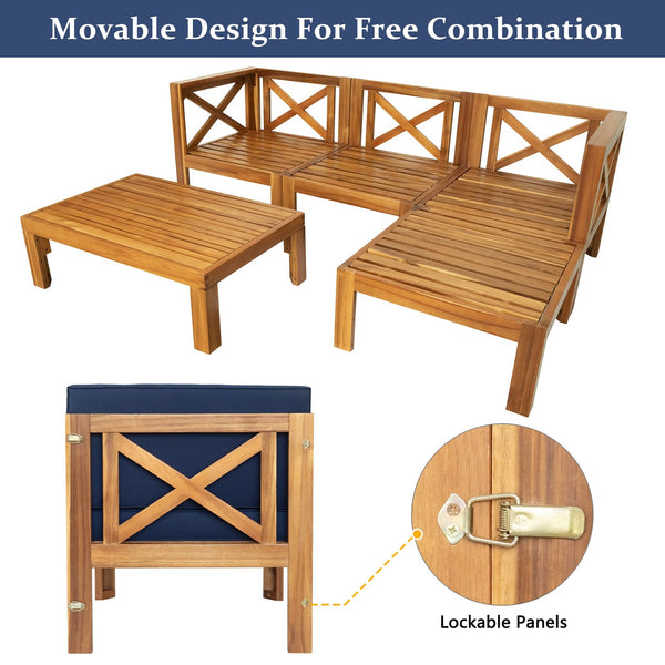 English Elm TOPMAX Outdoor Backyard Patio Wood 5-Piece Sectional Sofa Seating Group with Water-Resistant Cushions & Lockable Panels, Durable Acacia Frame Natural SP110142AAC