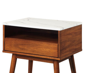 English Elm Walnut End Table with Faux Marble Top and Drawer Shelf, 20"x16"x25" Compact Living Room Accent B01183256