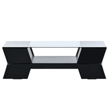 English Elm 6Mm Glass-Top Coffee Table With Open Shelves and Cabinets, Geometric Style Cocktail Table With Great Storage Capacity, Modernist 2-Tier Center Table For Living Room, Black