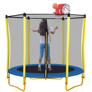 English Elm 5.5ft Kids Trampoline Steel Frame Enclosure Net Basketball Hoop Safe Bouncer Yellow MS309258AAL