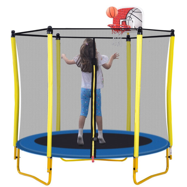 English Elm 5.5ft Kids Trampoline Steel Frame Enclosure Net Basketball Hoop Safe Bouncer Yellow MS309258AAL
