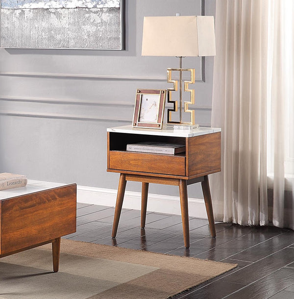 English Elm Walnut End Table with Faux Marble Top and Drawer Shelf, 20"x16"x25" Compact Living Room Accent B01183256